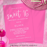 Modern Script Hot Pink Sweet 16 Verjaardagsfeest Kaart<br><div class="desc">Printable of Gedrukt Modern Script Heet Roze Lief 16 Verjaardagsfeest. Minimalistische typografische stijl voor het 16e verjaardagsfeestje meisje, met een informeel script voor Sweet 16 en de rest van de tekst kun je gemakkelijk personaliseren. De tekst en achtergrondkleuren kunnen worden gewijzigd als u dat wenst via de optie verder bewerken....</div>