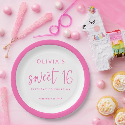 Modern Script Hot Pink Sweet 16 Verjaardagsfeest Papieren Bordje (Feest)