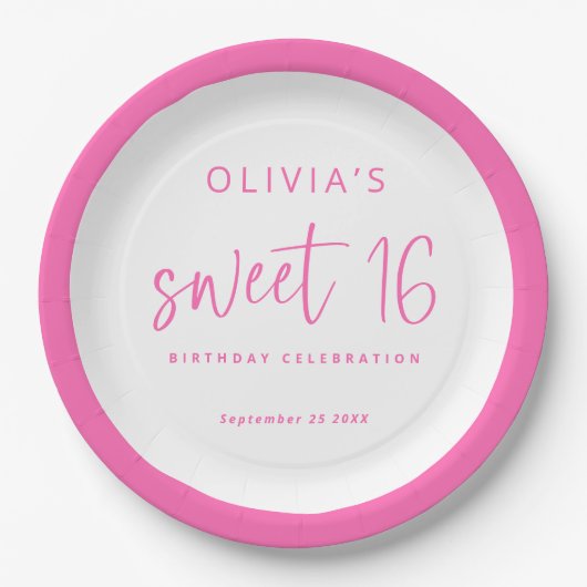 Modern Script Hot Pink Sweet 16 Verjaardagsfeest Papieren Bordje (Voorkant)