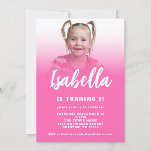 Modern Script Hot Roze Foto 5e Verjaardagsfeest Kaart (Voorkant)