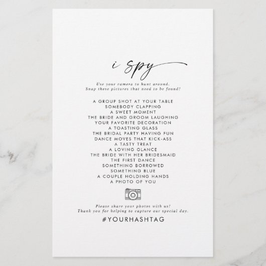 Modern Script I Spy Weddenschap Foto Scavenger Hun Flyer (Voorkant)