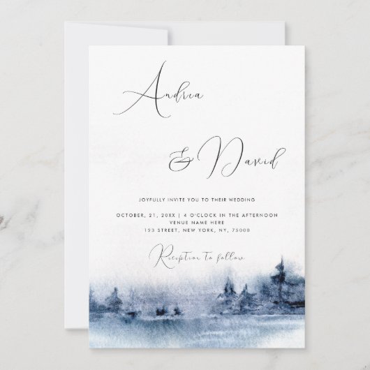 Modern script Indigo Waterverf Landscape Wedding Kaart (Voorkant)
