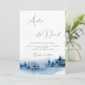 Modern script Indigo Waterverf Landscape Wedding Kaart (Staand voorkant)