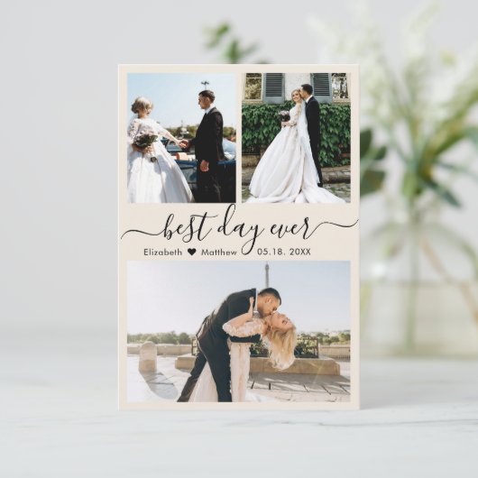 Modern Script Ivory 3 Photo Collage Wedding Bedankkaart (Staand voorkant)