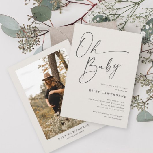 Modern Script Ivory Photo Baby shower Kaart
