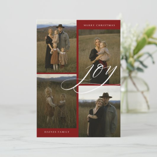 Modern Script Joy 4 Photo Christmas Feestdagenkaart (Staand voorkant)