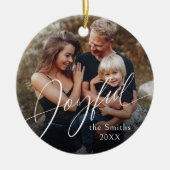 Modern Script Joyful Christmas Family Photo Keramisch Ornament (Voorkant)