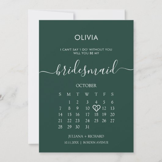 Modern Script Kalender bruidsmeisje Emerald voorst Kaart (Voorkant)