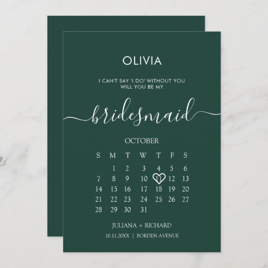 Modern Script Kalender bruidsmeisje Emerald voorst Kaart (Voorkant / Achterkant)