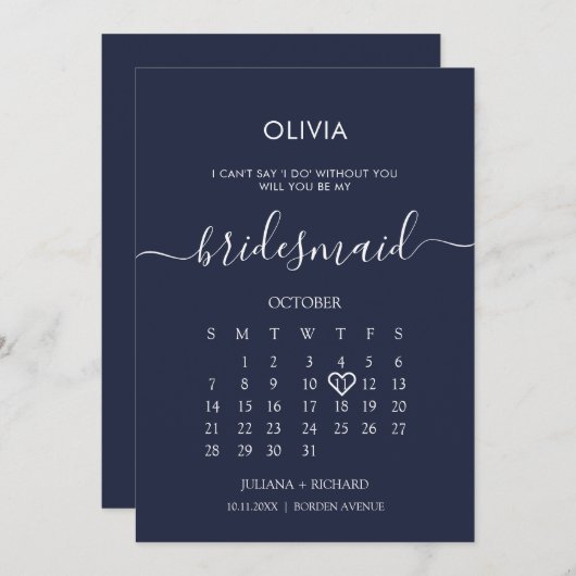 Modern Script Kalender Bruidsmeisje Navy voorstel Kaart (Voorkant / Achterkant)