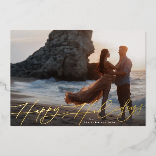 Modern Script Kerstfoto Happy Gold Folie Feestdagenkaart (Voorkant)