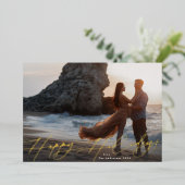 Modern Script Kerstfoto Happy Gold Folie Feestdagenkaart (Staand Voorkant)