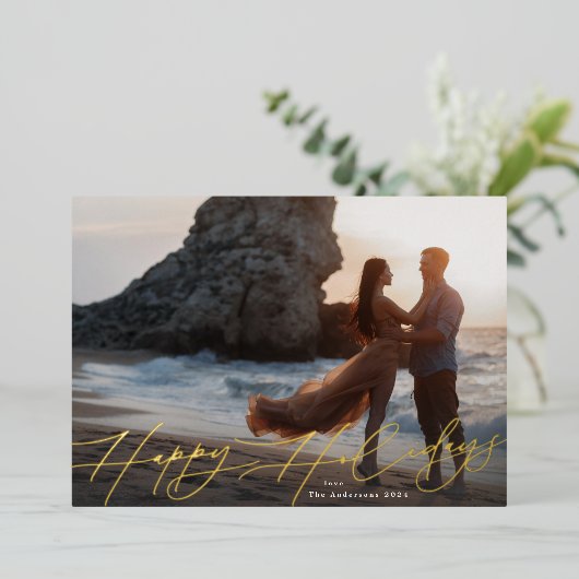 Modern Script Kerstfoto Happy Gold Folie Feestdagenkaart (Staand Voorkant)