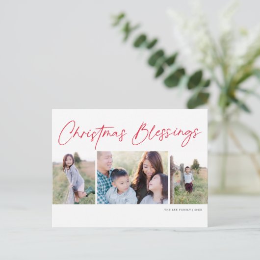 Modern Script Kerstwensen Drie Foto Feestdagenkaart (Staand voorkant)