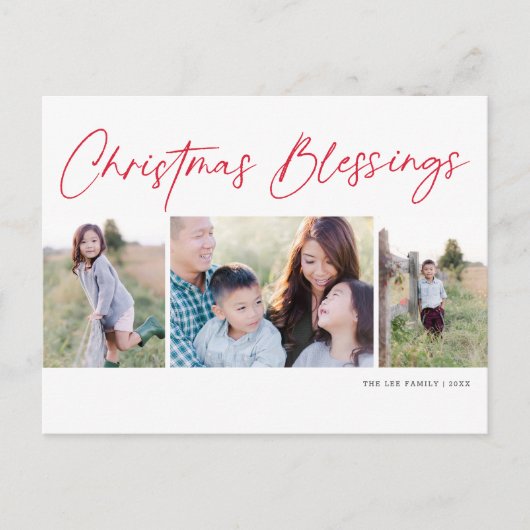 Modern Script Kerstwensen Drie Foto Feestdagenkaart (Voorkant)