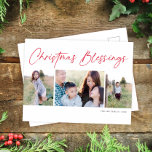 Modern Script Kerstzegeningen drie foto's Feestdagenkaart<br><div class="desc">Dit mooie vakantie foto briefkaart beschikt over drie foto's en de groet "Christmas Blessings". Het ontwerp is eenvoudig maar elegant. Dit ontwerp is geschikt voor twee verticale en één horizontale foto's. Aan de achterzijde vindt u voldoende ruimte om uw eigen persoonlijke begroeting en het adres van de ontvanger te schrijven....</div>