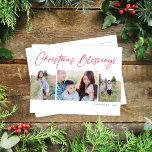Modern Script Kerstzegeningen drie foto's Feestdagenkaart<br><div class="desc">Dit mooie vakantie foto briefkaart beschikt over drie foto's en de groet "Christmas Blessings". Het ontwerp is eenvoudig maar elegant. Dit ontwerp is geschikt voor twee verticale en één horizontale foto's. Aan de achterzijde vindt u voldoende ruimte om uw eigen persoonlijke begroeting en het adres van de ontvanger te schrijven....</div>