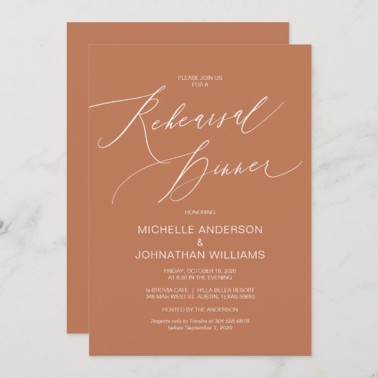 Modern script, koper, bruiloft repetitie diner kaart (Voorkant / Achterkant)