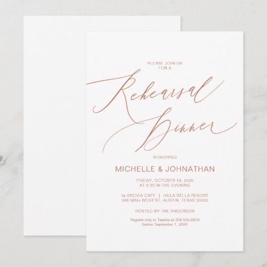 Modern script, koper, bruiloft-repetitie kaart (Voorkant / Achterkant)