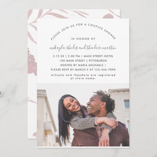 Modern Script Koppels Douchen Roos Roze Foto Kaart (Voorkant / Achterkant)