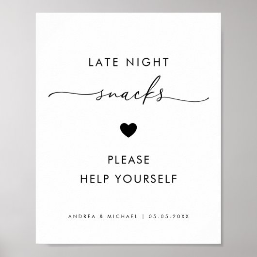 Modern Script Late Night Snacks Hart Trouwbord Poster (Voorkant)