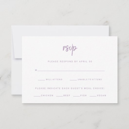 Modern Script Lavendel | Bruiloft Maaltijd Keuze RSVP Kaartje (Achterkant)