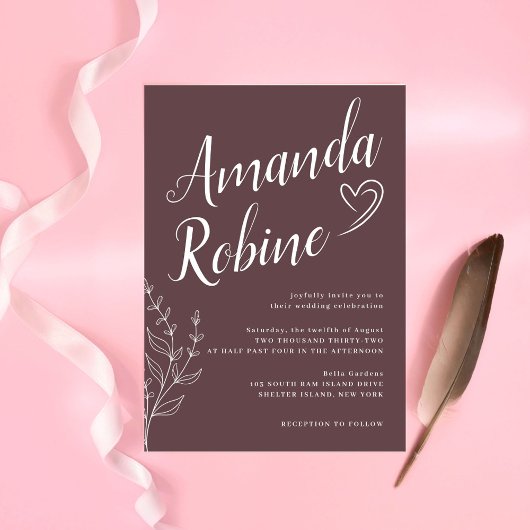 Modern Script & Leaves Wedding Invitation Kaart