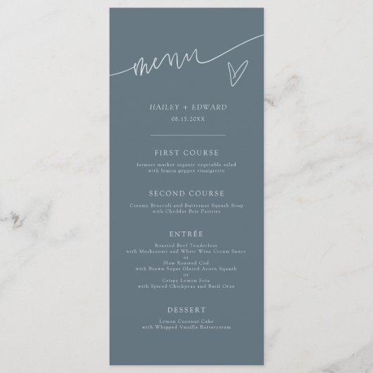 Modern Script Leiste Blau Huwelijksmenu Menu (Voorkant)
