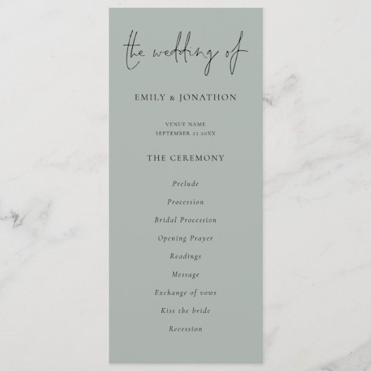 Modern Script Licht Sage Groen Huwelijksprogramma Kaart (Voorkant)
