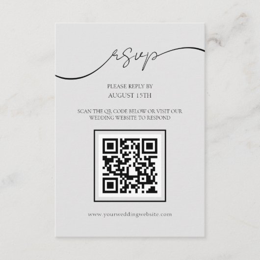 Modern Script Lichtgrijs QR Code Bruiloft RSVP Kaa Informatiekaartje (Voorkant)
