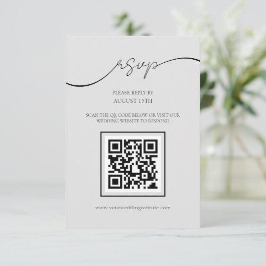 Modern Script Lichtgrijs QR Code Bruiloft RSVP Kaa Informatiekaartje (Staand voorkant)