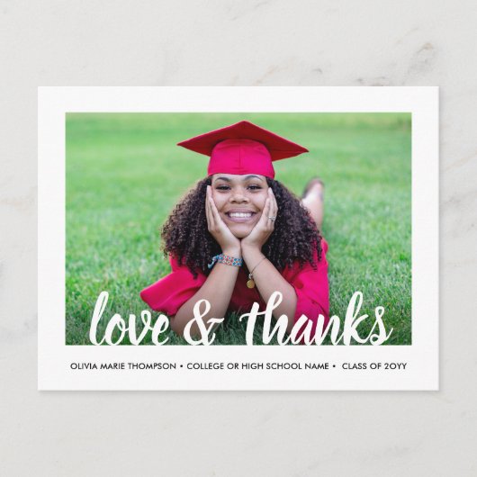 Modern Script Liefde & Bedankt 2 Foto Afstuderen Briefkaart (Voorkant)