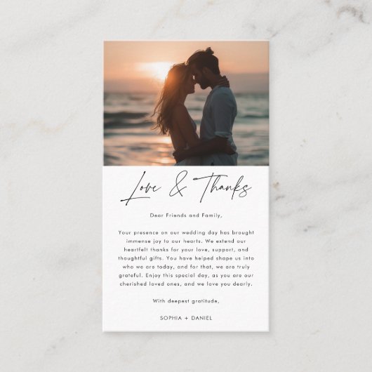 Modern Script Liefde & Bedankt Strand Fotobruiloft Plaatskaartje (Voorkant)