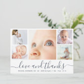 Modern Script Liefde & Dank 5 Foto's Baby Shower Bedankkaart (Staand voorkant)