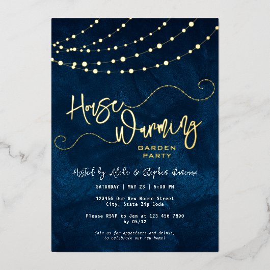 Modern Script Light String Housewarming Party Goud Folie Uitnodiging (Voorkant)