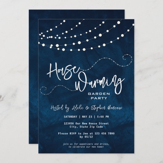 Modern Script Light Strings Housewarming Party Kaart (Voorkant / Achterkant)