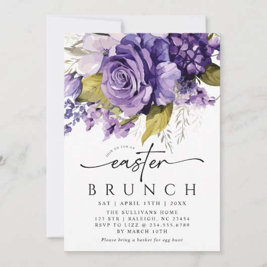 Modern Script Lila Bloemen Pasen Brunch Kaart (Voorkant)