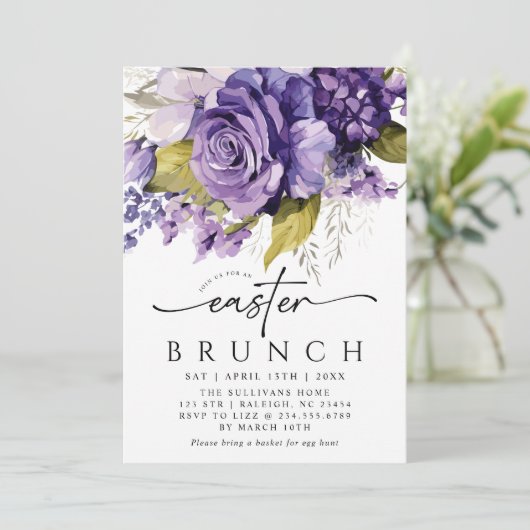 Modern Script Lila Bloemen Pasen Brunch Kaart (Staand voorkant)