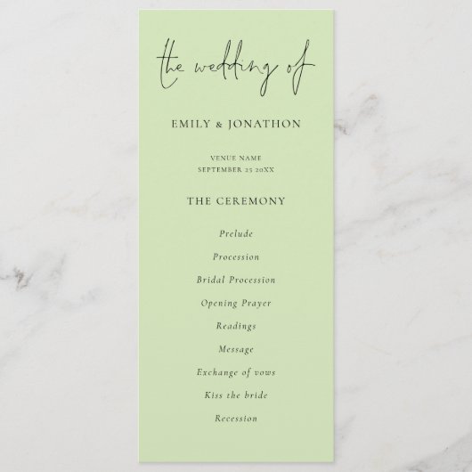 Modern Script Limoen Cream Green Wedding Program Kaart (Voorkant)