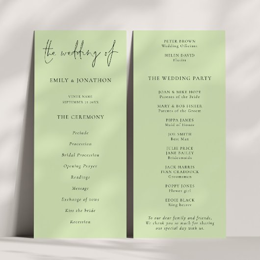 Modern Script Limoen Cream Green Wedding Program Kaart