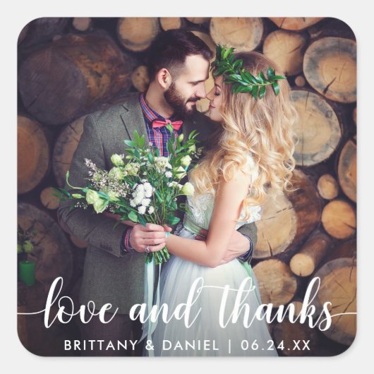 Modern Script Love and Bedankt Wedding Couple Vierkante Sticker (Voorkant)