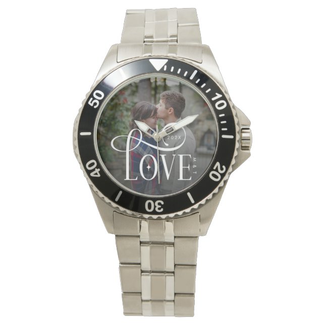 Modern Script Love Custom Engaged Couples Photo Horloge (Voorkant)