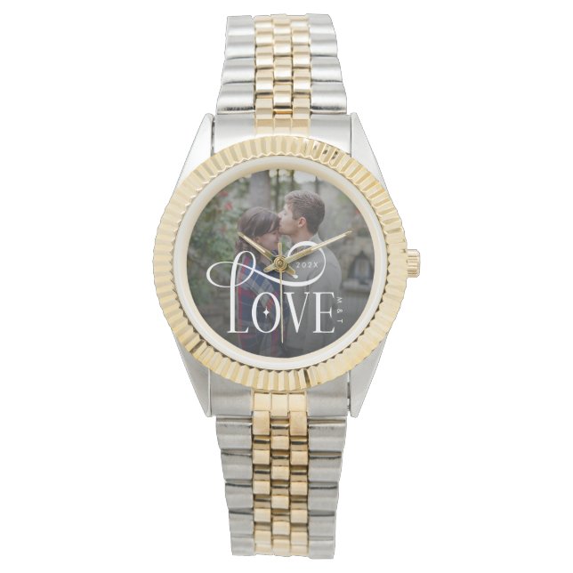 Modern Script Love Custom Engaged Couples Photo Horloge (Voorkant)