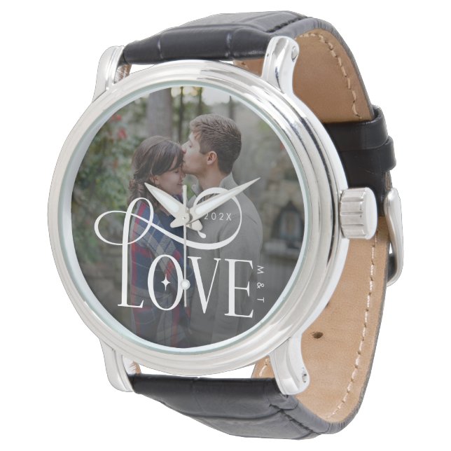 Modern Script Love Custom Engaged Couples Photo Horloge (Gekanteld)