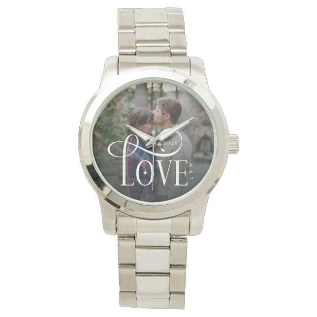 Modern Script Love Custom Engaged Couples Photo Horloge (Voorkant)