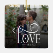 Modern Script Love Custom Engaged Couples Photo Keramisch Ornament (Achterkant)