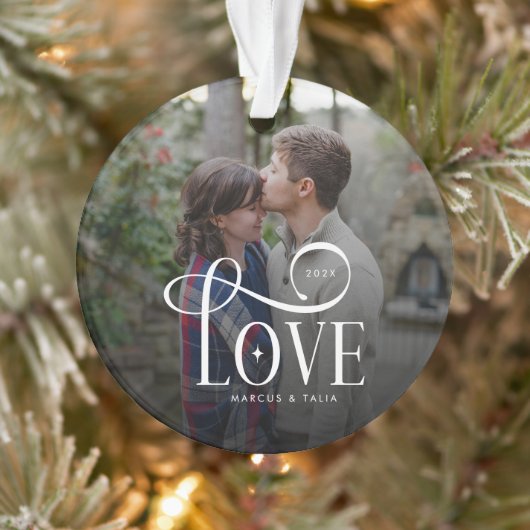 Modern Script Love Custom Engaged Couples Photo Ornament (Boom)