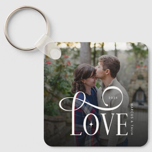 Modern Script Love Custom Engaged Couples Photo Sleutelhanger (Voorkant)