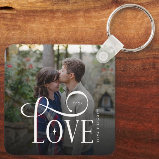 Modern Script Love Custom Engaged Couples Photo Sleutelhanger (Achterkant)
