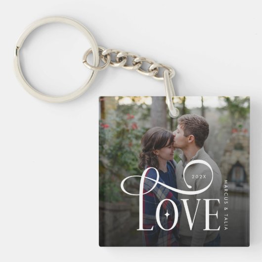 Modern Script Love Custom Engaged Couples Photo Sleutelhanger (voorkant)